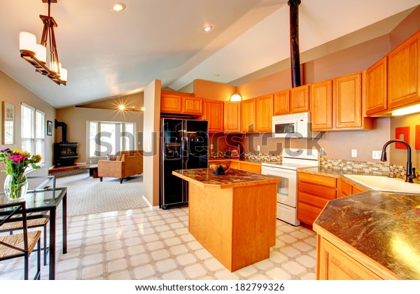 Spacious Kitchen Room Vaulted Ceiling Linoleum Stock Photo Edit