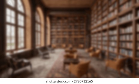 A spacious library interior features extensive wooden bookshelves filled with books and several seating arrangements with armchairs and coffee tables.