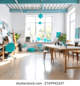 A spacious and light-filled art studio featuring a large window, wooden tables, chairs, and art supplies, creating an inspiring creative environment.