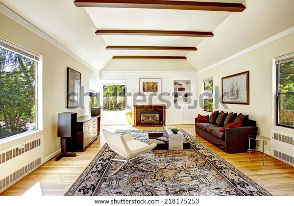 Spacious Living Room Fireplace Vaulted Ceiling Stock Photo Edit