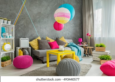 Spacious Living Room With Modern Furniture, Colorful Details And Washi Tape Wall Decor