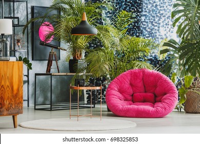 Spacious living room with pink plush armchair, telescope and exotic plants
