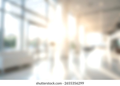A spacious lobby featuring large windows that flood the area with natural light, creating a warm atmosphere. Ideal for contemporary business settings.