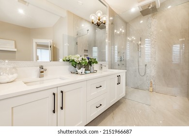 Spacious master bathroom with glass wall shower free standing bathtub large mirrors toilet with privacy wall and white cabinets