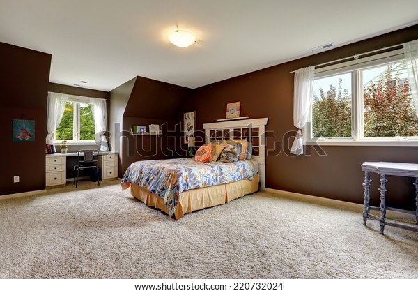 Spacious Master Bedroom Interior Soft Carpet Stock Photo