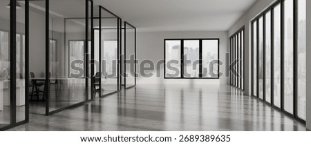 Spacious modern 3D office corridor with glass meeting rooms, polished concrete floor, and panoramic city view..