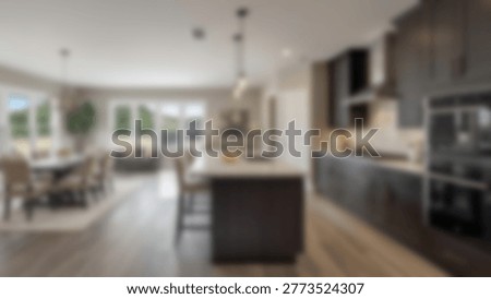 Spacious and modern kitchen interior design featuring an island, dining area, and contemporary appliances. Bright and airy space perfect for home decor.