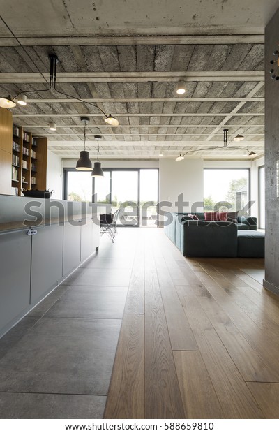 Spacious Modern Living Room Concrete Ceiling Interiors