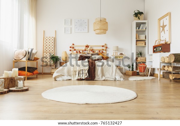 Spacious Scandinavian Style Bedroom Kingsize Bed Stock Photo