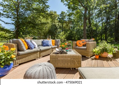 Spacious Villa Patio With Comfortable Stylish Rattan Furniture Set