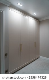 A spacious wardrobe features smooth beige panels and sleek gold handles, enhancing the modern aesthetic of the softly lit bedroom