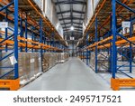 Spacious Warehouse Interior With Tall Racking Systems Displaying Stacked Pallets in Business Environment. Interior of a large warehouse features high racking systems filled with neatly stacked pallet