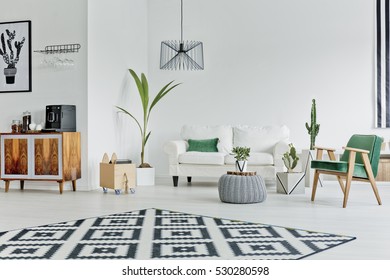 Spacious white room with pattern carpet, sofa and armchair