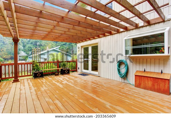 Spacious Wooden Deck Benches Attached Pergola Stock Photo Edit