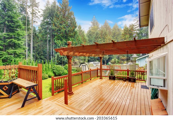Spacious Wooden Deck Benches Attached Pergola Stock Photo Edit