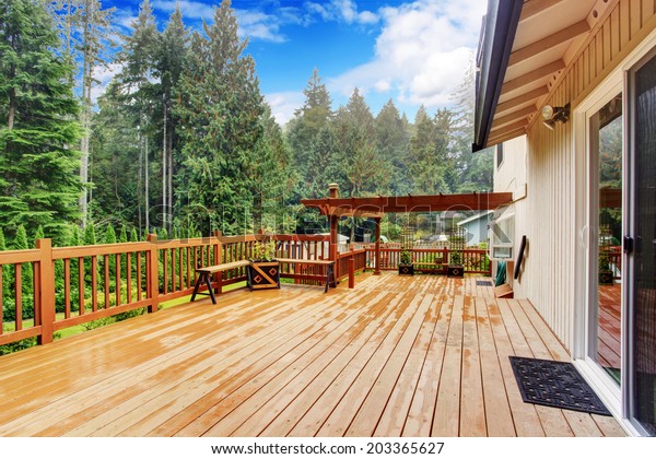 Spacious Wooden Deck Benches Overlooking Nature Stock Photo Edit