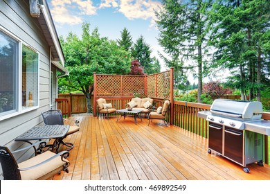 Spacious Wooden Deck With Patio Area And Attached Pergola. Northwest, USA