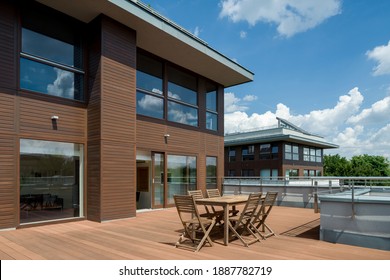 Spacious Wooden Terrace In Modern Two-floor Apartment, Building Exterior