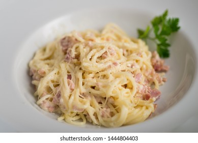 Spagetti Carbonara On White Plate