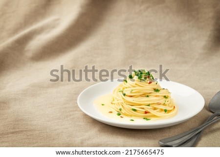 Spaghetti AGLIO E OLIO with copy space