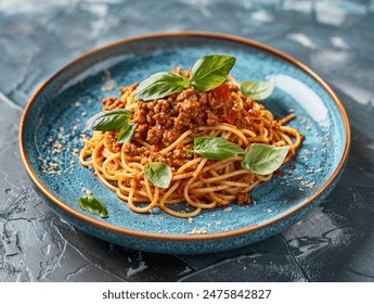 Spaghetti Bolognese in ceramic bowl on dark slate table in modern ceramic bowl - Powered by Shutterstock