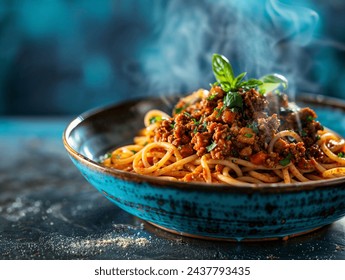 Spaghetti Bolognese in modern ceramic bowl on dark slate table - Powered by Shutterstock