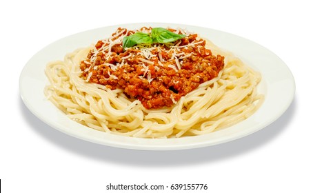 Spaghetti bolognese on a white plate - Shutterstock ID 639155776