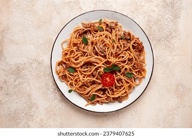 Spaghetti Bolognese, top view, Close-up, no people, casemade,