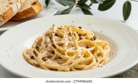 Spaghetti Cacio e Pepe : Classic Italian pasta tossed with Pecorino Romano cheese and cracked black pepper, creating a creamy sauce without cream, a minimalist Roman dish with rich flavor appeal.