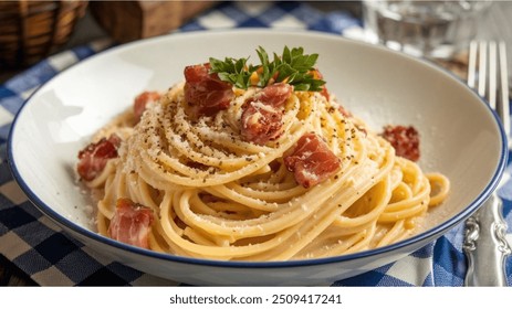 Spaghetti Carbonara: Classic Italian pasta with creamy egg sauce, crispy pancetta, Parmesan, and black pepper. Rich, satisfying, and indulgent.