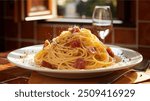 Spaghetti Carbonara: Classic Roman pasta dish with creamy egg sauce, pancetta, Parmesan, and black pepper. Rich, savory, and simple.