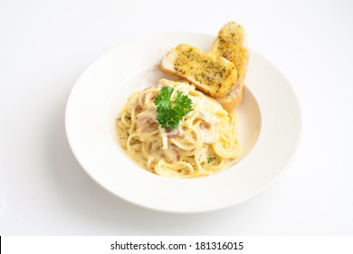 Spaghetti Carbonara With Garlic Bread.