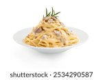 Spaghetti carbonara onion and mushroom cream sauce with ham and fresh basil traditional Italian cuisine style side view isolated on white background