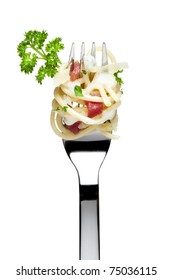 Spaghetti Carbonara Pasta On Fork, Isolated On White