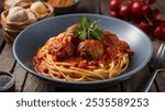 Spaghetti con Polpette: Spaghetti served with Italian meatballs in a rich tomato sauce, a beloved comfort food that?s hearty and satisfying.