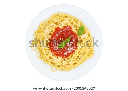 Spaghetti isolated on a white background top view eat meal from Italy pasta lunch with tomato sauce