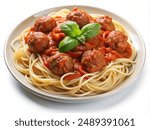 Spaghetti with marinara sauce and meatballs, isolated on white background