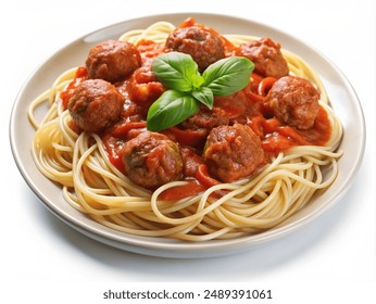 Spaghetti with marinara sauce and meatballs, isolated on white background