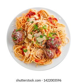 Spaghetti With Meatballs, Parmesan And Tomato Sauce On A Plate. Tasty Italian Pasta Food. Top View Shot Above Isolated On White Background.