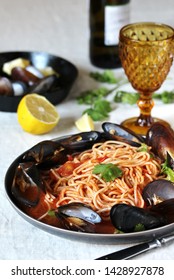 Spaghetti With Mussels, Tomato Sauce. Sea Food Meal. Mussels Marinara. Typical Dish Of Italian Pasta.