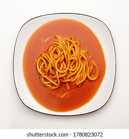 Spaghetti On White Plate. Top Down View.