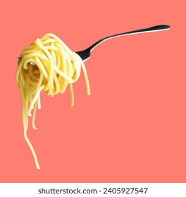 Spaghetti pasta isolated with clipping path, no shadow in pink background, cooking ingredient