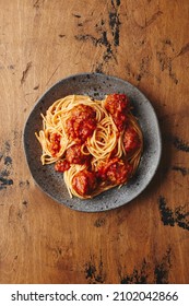 Spaghetti Pasta With Meatballs And Tomato Sauce. Delicious Homemade Spaghetti Meatballs. Flatlay.