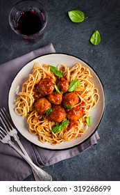 Spaghetti Pasta  With Meatballs And Tomato Sauce,  Top View