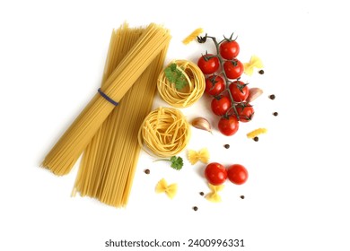 Spaghetti pasta and nests with vegetables lie on a white background. - Powered by Shutterstock