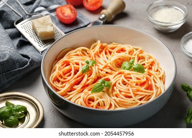 Spaghetti Pasta With Red Tomato Sauce, Basil, Cheese