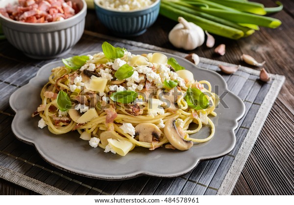 Spaghetti Pasta Salad Fried Bacon Mushrooms Stock Photo Edit Now