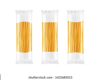 Spaghetti Pasta Transparent Plastic Bag Package, With Diffrent Shapes For Your Design, Isolated On White Background. Packaging Template Mockup Collection.