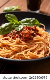 Espaguetis con salchicha y salsa de tomate, pasta italiana 
