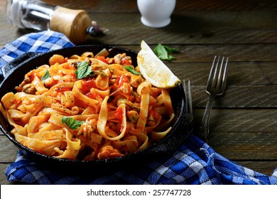 Spaghetti With Seafood In A Pan, Mediterranean Food